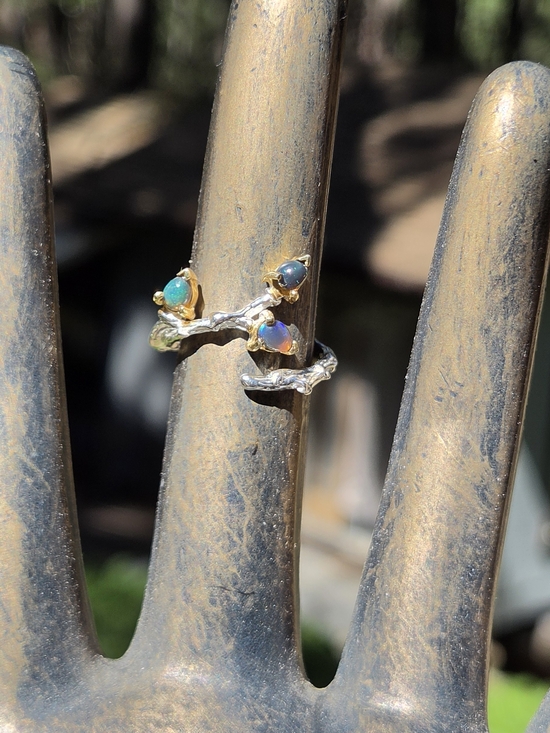 Celestial Kharma Collection by Avelon Jewelry - Opal Accent Branch Vine Sterling & Gold Ring Sz6.5 Adjustable